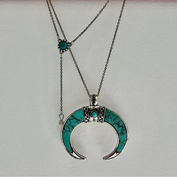 Western Silver and Turquoise Crescent Pendant Necklace - Picture 3 of 5